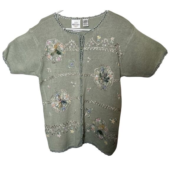 TR Bentley Short Sleeve Sweater Womens Size M Floral Applique Buttons Embroidere - Picture 1 of 12